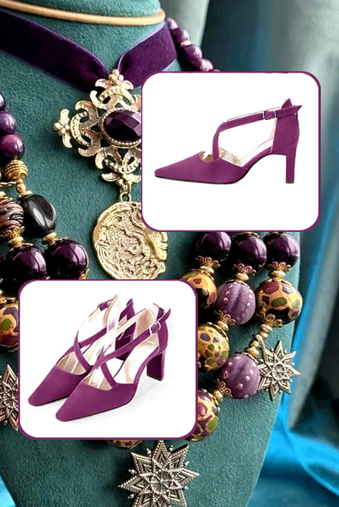 Mulberry purple women's open side shoes, with crossed straps. Tapered toe. High comma heels. Top view - Florence KOOIJMAN